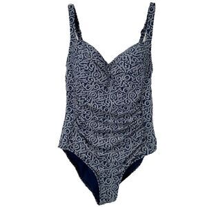 Nip Tuck Swimsuit One Piece Size 6 Slimming Ruched Navy Blue Vine Swirl Classic
